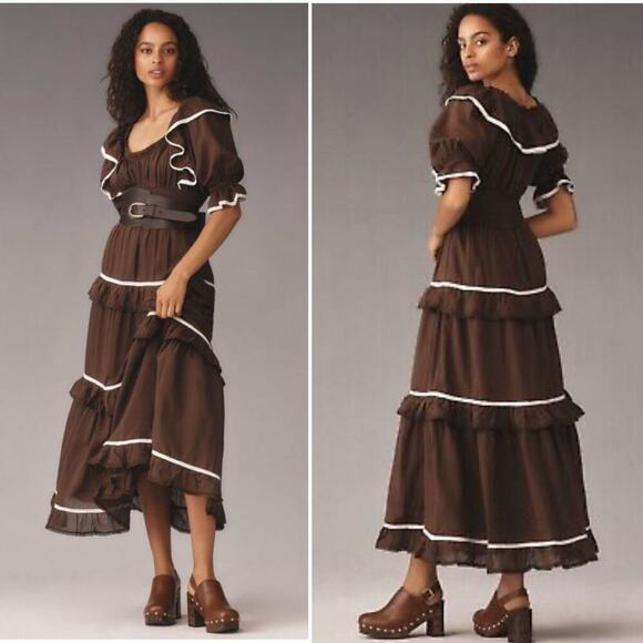Anthropologie Puff Sleeve Tiered Maxi Dress Size S Brown Smocked Prairie NEW - Picture 2 of 9